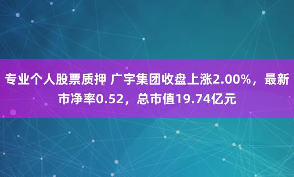 专业个人股票质押 广宇集团收盘上涨2.00%，最新市净率0.52，总市值19.74亿元